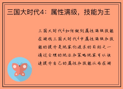 三国大时代4：属性满级，技能为王